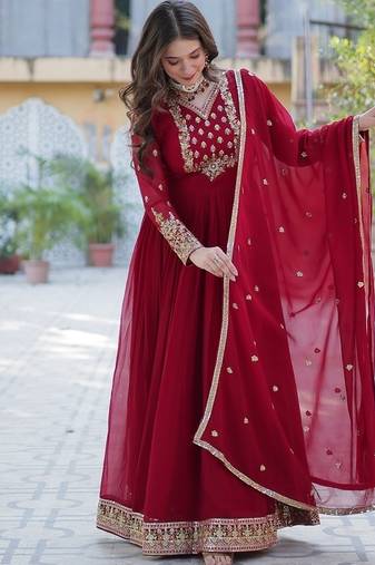 Maroon color  sequins  embroidered work georgette gown with dupatta