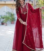 Maroon color  sequins  embroidered work georgette gown with dupatta