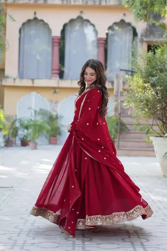Maroon color  sequins  embroidered work georgette gown with dupatta