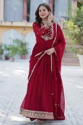 Maroon color  sequins  embroidered work georgette gown with dupatta