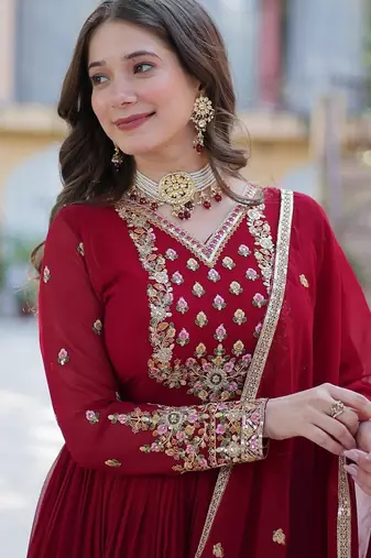 Maroon color  sequins  embroidered work georgette gown with dupatta