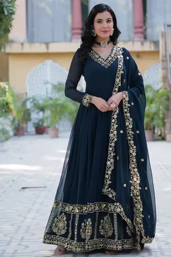 Rama blue color  zari thread sequins  embroidered work georgette gown with dupatta