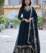Rama blue color  zari thread sequins  embroidered work georgette gown with dupatta
