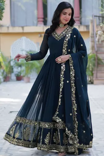 Rama blue color  zari thread sequins  embroidered work georgette gown with dupatta