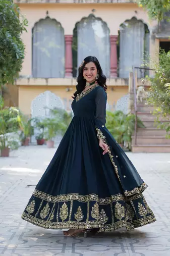 Rama blue color  zari thread sequins  embroidered work georgette gown with dupatta