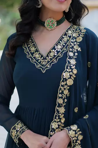 Rama blue color  zari thread sequins  embroidered work georgette gown with dupatta