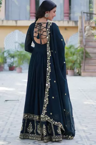 Rama blue color  zari thread sequins  embroidered work georgette gown with dupatta