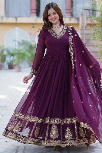 Wine color  zari thread sequins  embroidered work georgette gown with dupatta