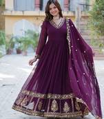 Wine color  zari thread sequins  embroidered work georgette gown with dupatta
