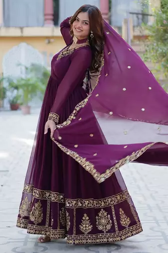 Wine color  zari thread sequins  embroidered work georgette gown with dupatta