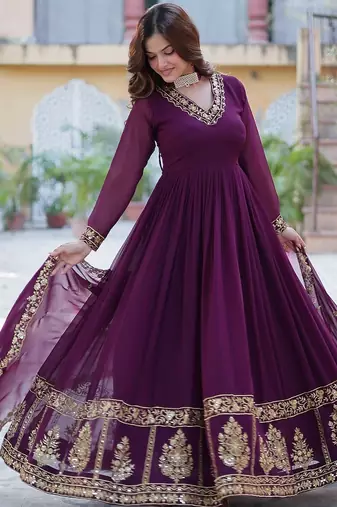 Wine color  zari thread sequins  embroidered work georgette gown with dupatta