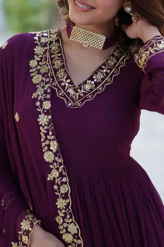 Wine color  zari thread sequins  embroidered work georgette gown with dupatta