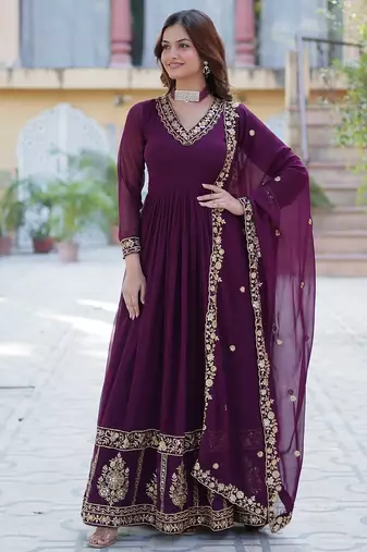 Wine color  zari thread sequins  embroidered work georgette gown with dupatta