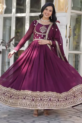Wine color sequins  embroidered work georgette gown with dupatta