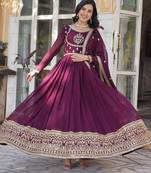 Wine color sequins  embroidered work georgette gown with dupatta