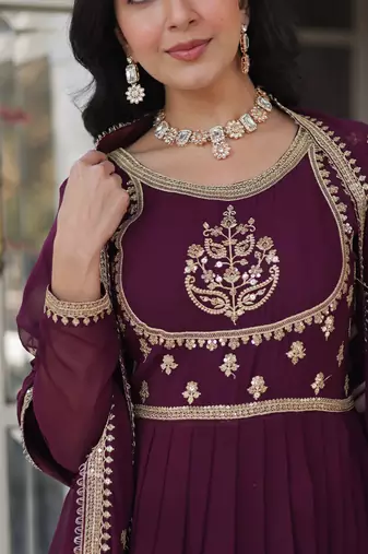 Wine color sequins  embroidered work georgette gown with dupatta