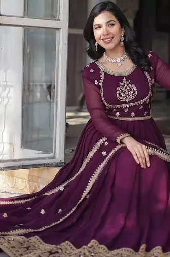 Wine color sequins  embroidered work georgette gown with dupatta