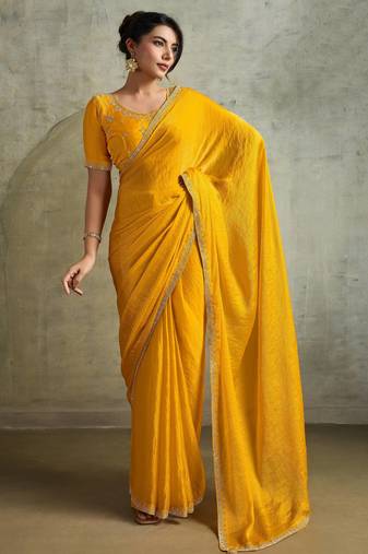 Graceful Yellow Chiffon Haldi Wear Saree With Diamond Work Blouse