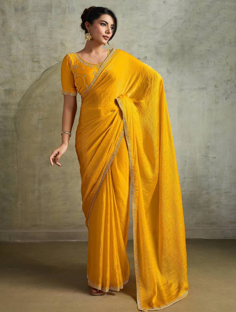Graceful Yellow Chiffon Haldi Wear Saree With Diamond Work Blouse