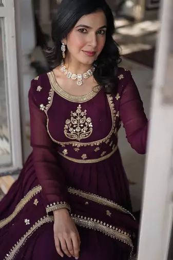 Wine color sequins  embroidered work georgette gown with dupatta