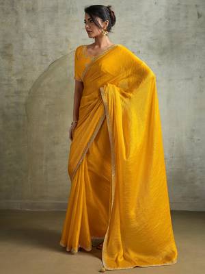 Graceful Yellow Chiffon Haldi Wear Saree With Diamond Work Blouse 2