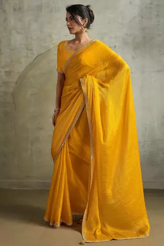 Graceful Yellow Chiffon Haldi Wear Saree With Diamond Work Blouse