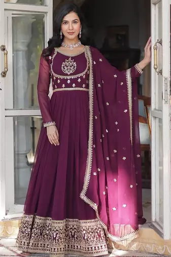 Wine color sequins  embroidered work georgette gown with dupatta