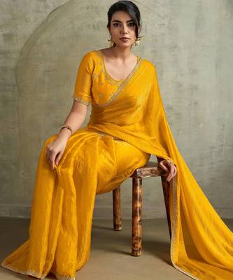 Graceful Yellow Chiffon Haldi Wear Saree With Diamond Work Blouse 3