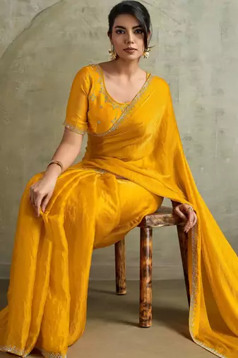 Graceful Yellow Chiffon Haldi Wear Saree With Diamond Work Blouse