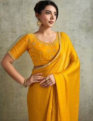 Graceful Yellow Chiffon Haldi Wear Saree With Diamond Work Blouse 4