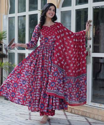 Maroon pure cotton prinred gown pant dupatta 1