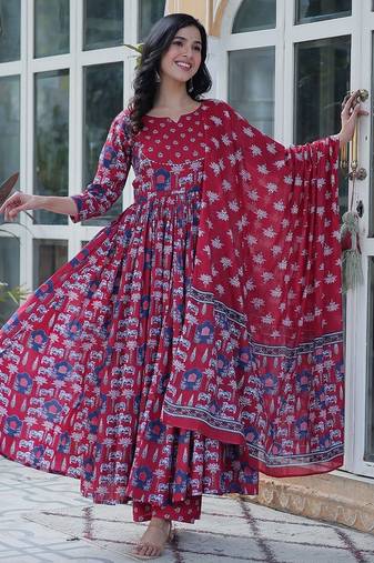 Maroon color pure cotton prinred gown pant dupatta