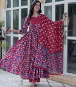 Maroon color pure cotton prinred gown pant dupatta