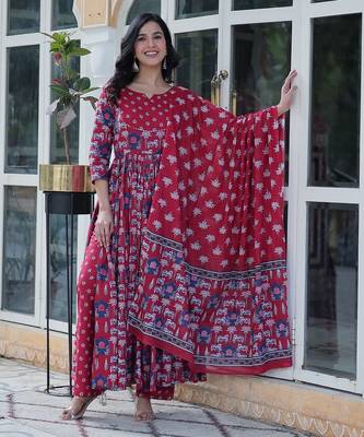 Maroon pure cotton prinred gown pant dupatta 2