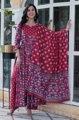 Maroon color pure cotton prinred gown pant dupatta