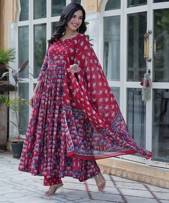 Maroon pure cotton prinred gown pant dupatta 3