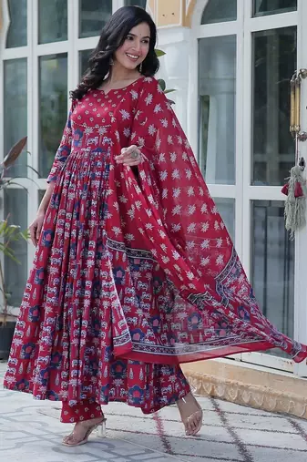 Maroon color pure cotton prinred gown pant dupatta