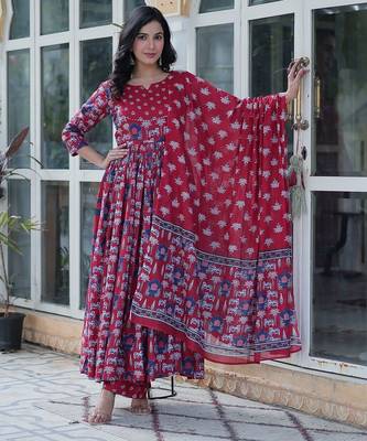 Maroon pure cotton prinred gown pant dupatta 5
