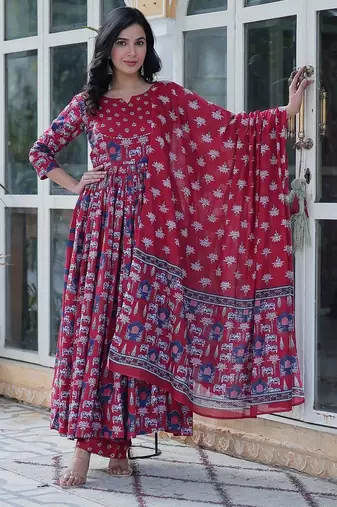 Maroon color pure cotton prinred gown pant dupatta