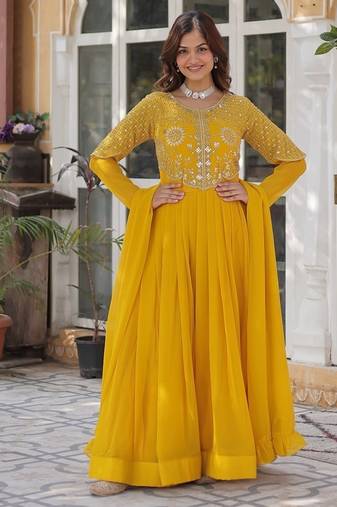 Yellow color embroidered work georgette gown with dupatta