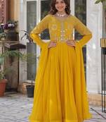 Yellow color embroidered work georgette gown with dupatta