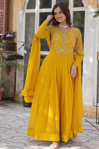 Yellow color embroidered work georgette gown with dupatta