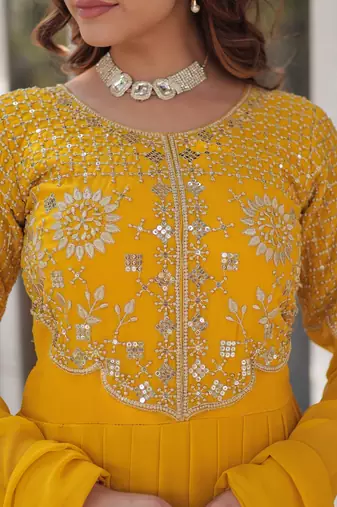 Yellow color embroidered work georgette gown with dupatta