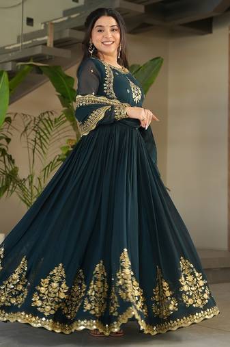 Rama blue color thread zari sequins embroidered work georgette gown with dupatta