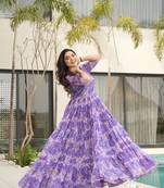 Purple color faux georgette printed flair gown