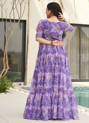 Purple faux georgette printed flair gown 2