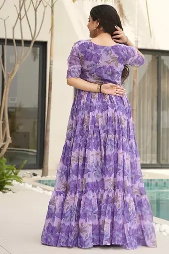 Purple color faux georgette printed flair gown