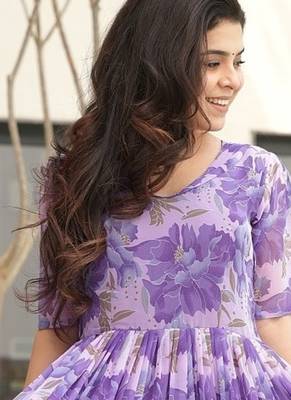 Purple faux georgette printed flair gown 3