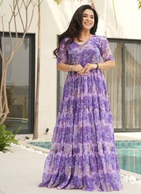 Purple faux georgette printed flair gown 4