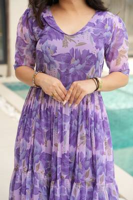 Purple faux georgette printed flair gown 5